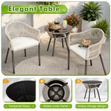 Greesum Rope Woven Patio Furniture 3-Piece Outdoor Wicker Bistro Set for Backyard Porch with Thick Cushions & Glass Table, Gray Greesum