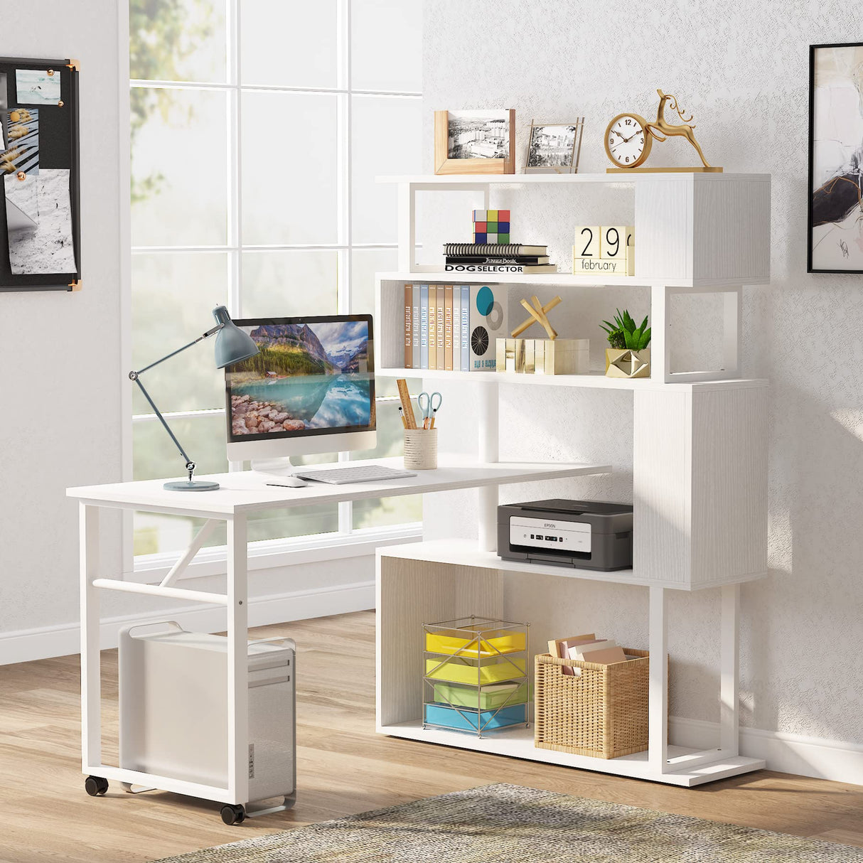 Tribesigns Rotating Computer Desk with 5 Shelves Bookshelf, Modern L-Shaped Corner Desk with Storage, Reversible Office Desk Study Table Writing Desk on Wheels for Home Office (White) Tribesigns