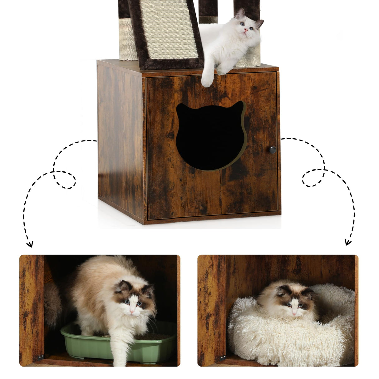 YITAHOME Cat Tree with Litter Box Enclosure, Hidden Cat Litter Box Furniture with Sisal Scratching Post, Wooden Cat House with Basket, Brown YITAHOME