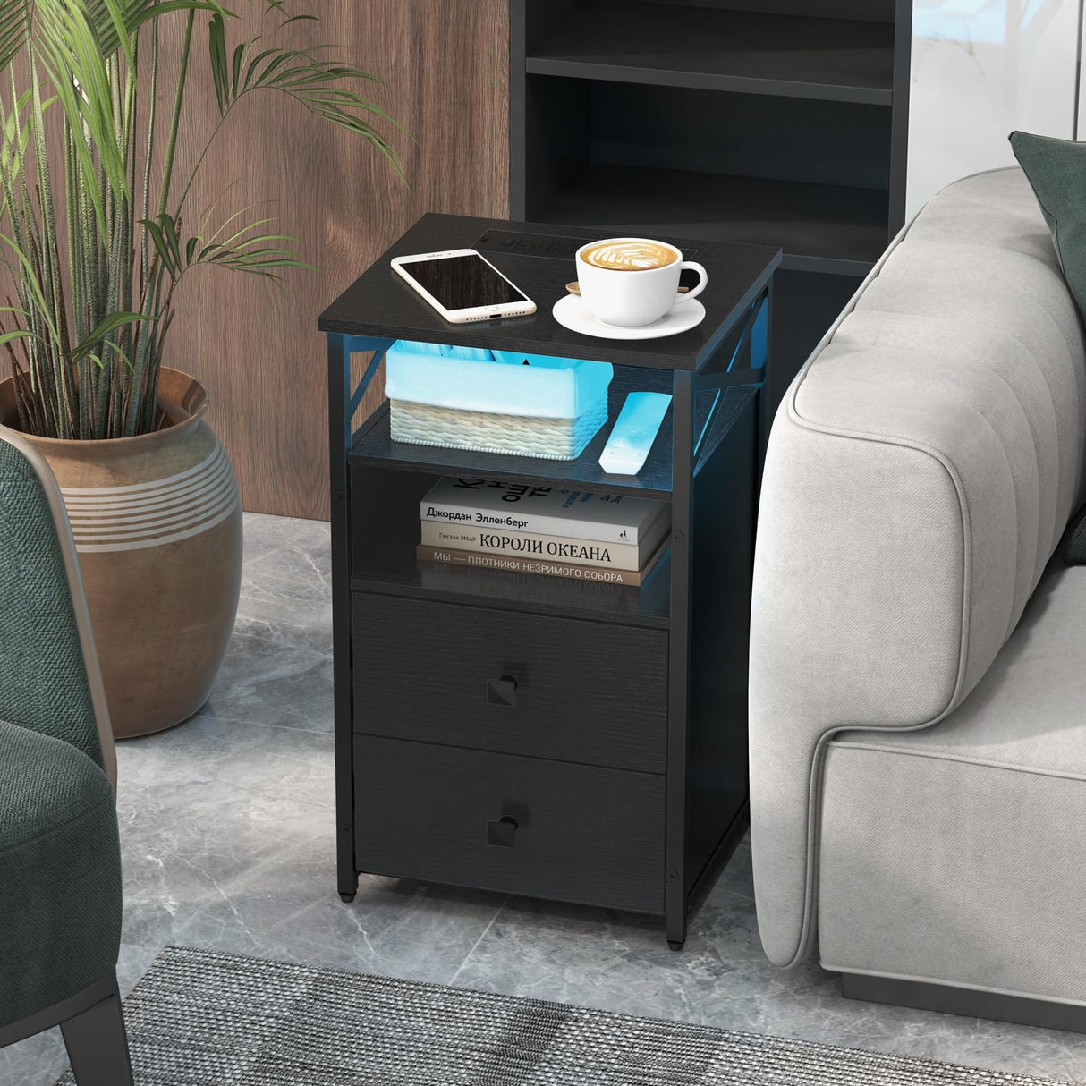 Livofloral End Table Set of 2 with Charging Station, Black Nightstands Set 2 with LED Light and Wireless Charger, Bedside Table with Wooden Drawers, Storage Night Stands for Bedrooms Set of 2 Livofloral