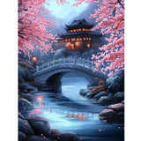 KEYIFA Diamond Art Kits for Adults, 5D DIY Diamond Painting Bridge, Round Full Drill, Cherry Blossoms Diamonds Dots Mosaic Painting, Crystal Gem Arts Craft for Home Wall Decor 12x16 in KEYIFA