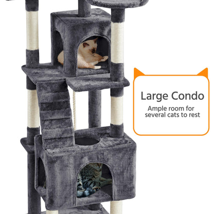 Yaheetech XL Cat Tree, 72in Multi-Level Cat Tower with 2 Cozy Caves, 3 Soft Perches, Scratching Posts, Board, and Dangling Ball, Cat Furniture Cat Play House Kittens, Dark Gray