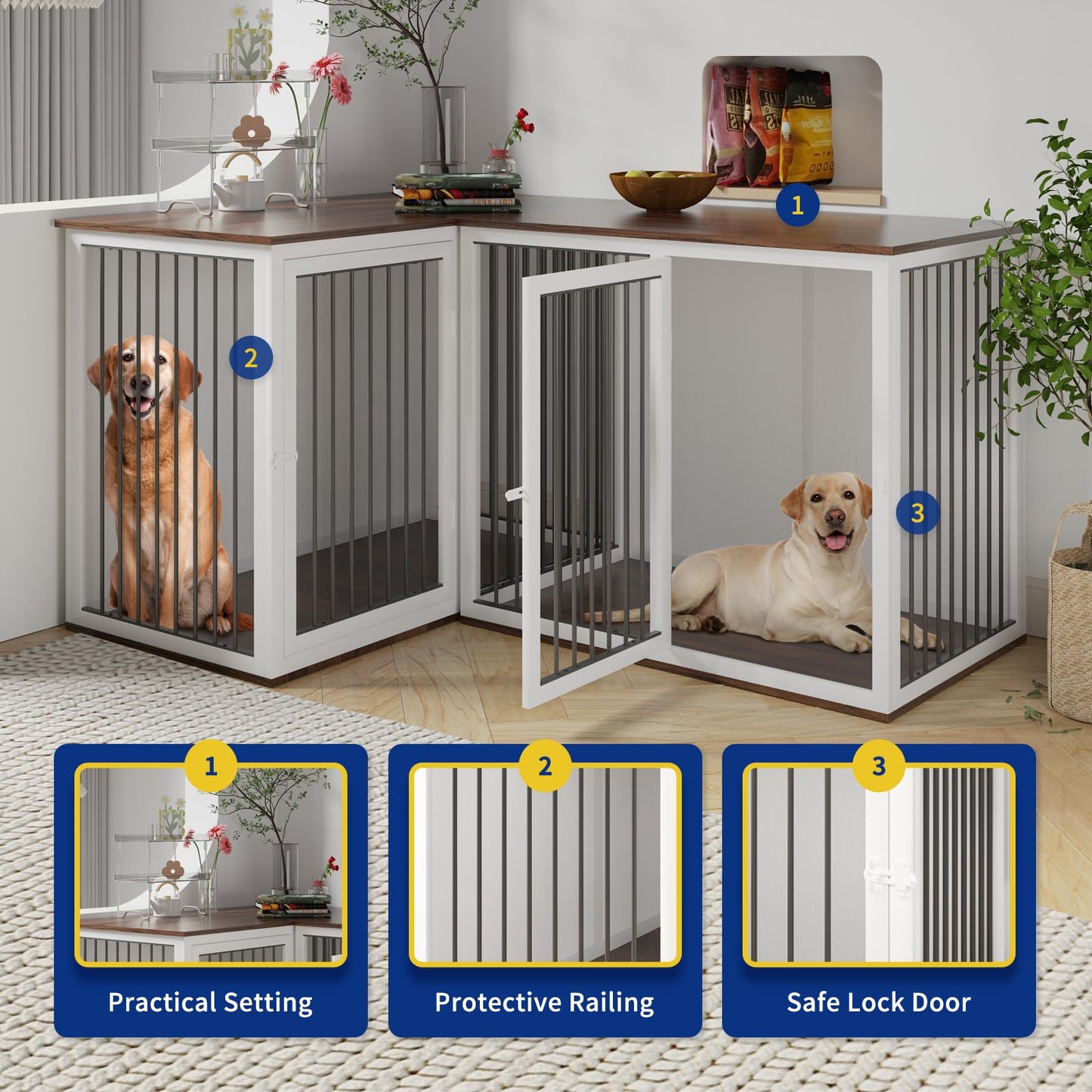 Dog Crate Furniture for 2 Dogs, 80.7" Large Dog Kennel Furniture with Dividers and Double Doors, All Steel Frame Double Dog Crate, 43.3" L X 23.6" W X 31.5" H, 37.4" L X 23.6" W X 31.5" H (Wh - WoodArtSupply