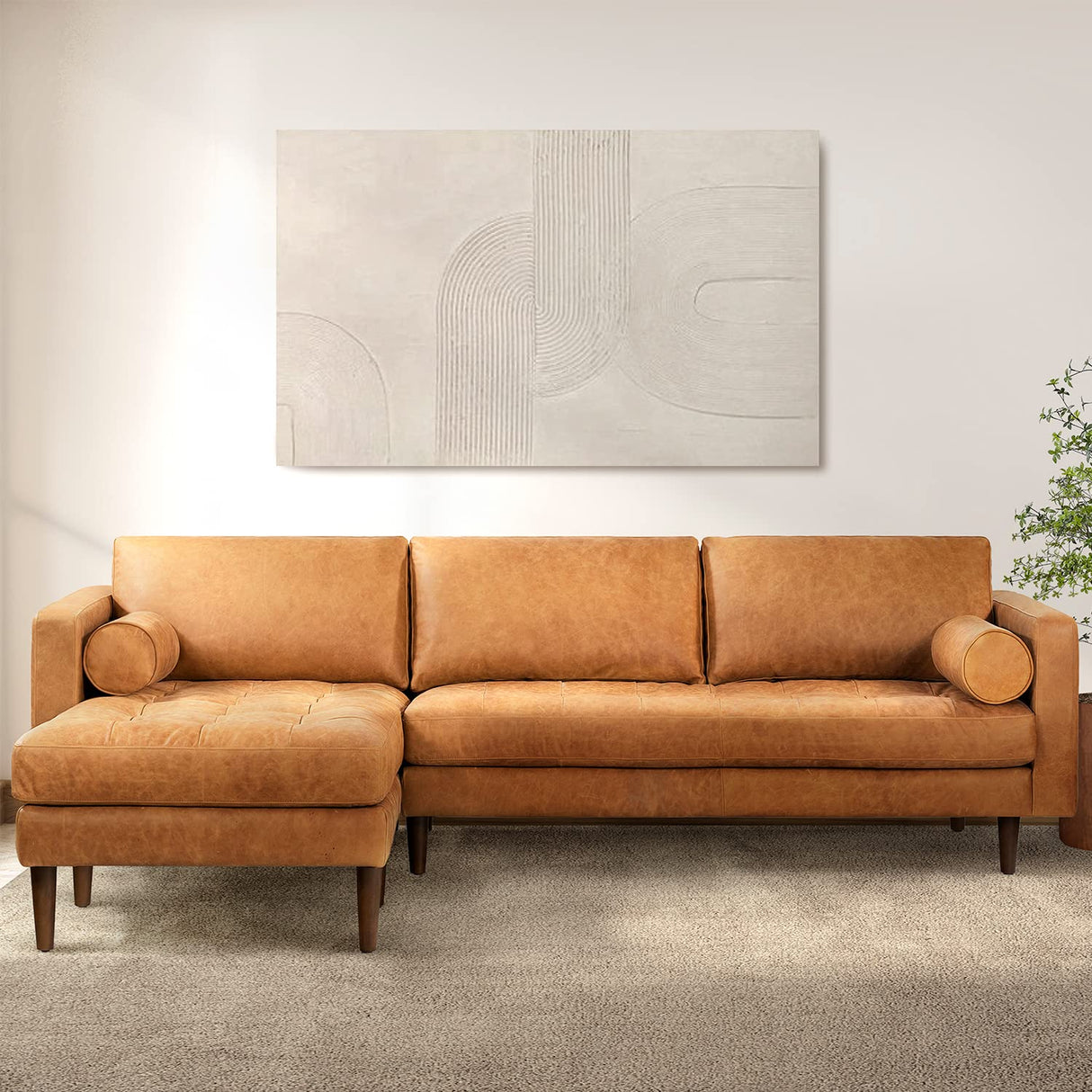 POLY & BARK Napa Leather Couch – Left-Facing Sectional Full Grain Leather Sofa with Tufted Back with Feather-Down Topper On Seating Surfaces – Pure-Aniline Italian Leather – Cognac Tan POLY & BARK