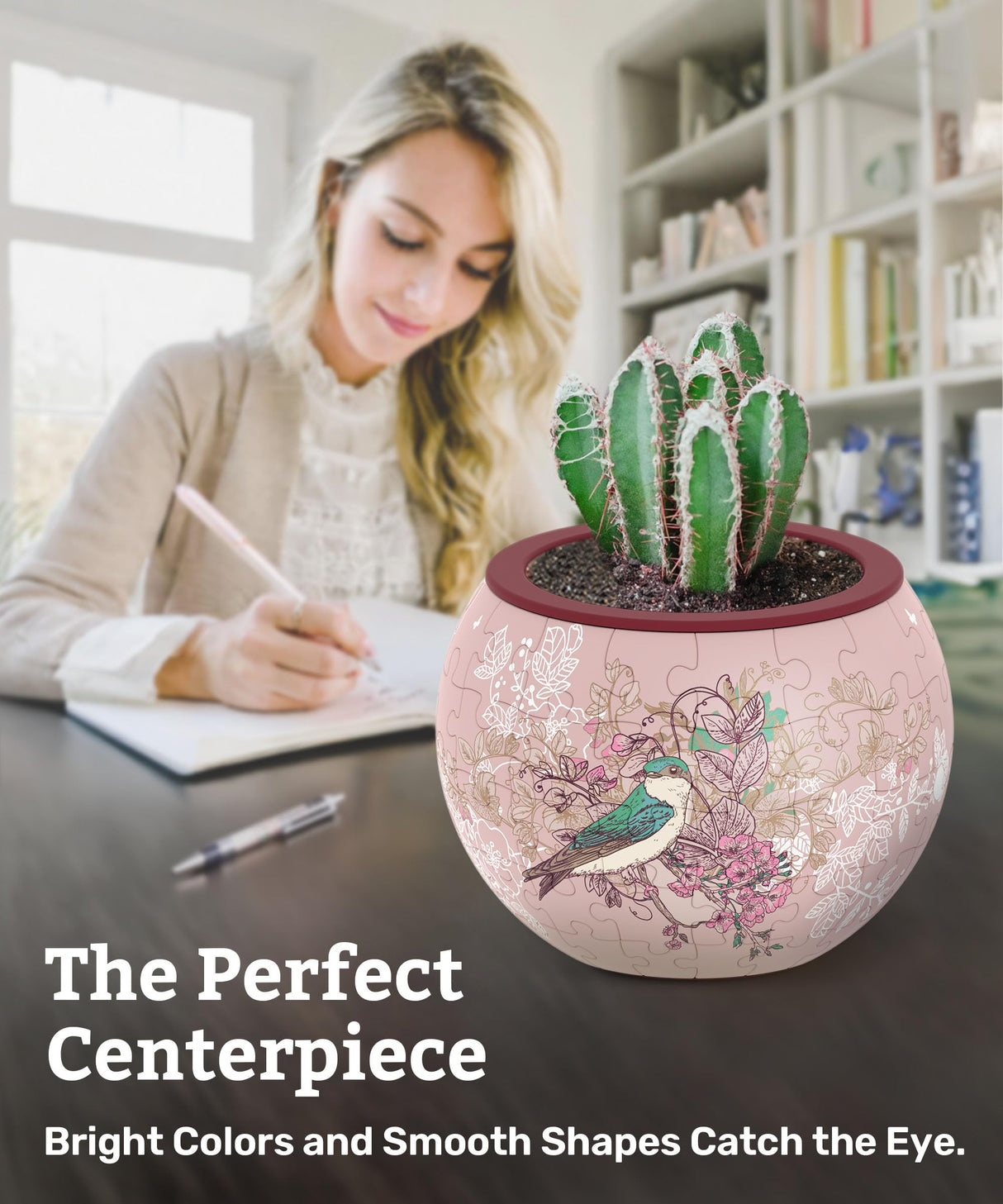 PieceRelax 3D Puzzle Planter - Singing Birds and Flowers - Small Round Plant Pots with Drainage, Home Decor Flower Pots for Indoor Cactus, Succulents Pots [K1100] PieceRelax
