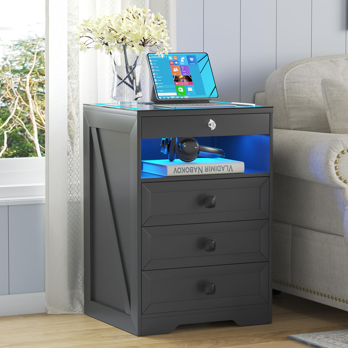 Lvifur RGB Nightstand with Gun Drawer, Glass Top Bedside Table with Wireless Charging Station, LED Night Stand with Human Sensor Design, Modern End Table for Bedroom Living Room (Black) Lvifur