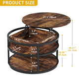DWVO Round Lift Top Coffee Tables for Living Room, Circle Coffee Table with Storage & Hidden Compartment, Farmhouse Wood Coffee Tables with Lifting up Living Room for Home Office Samll Table, Brown DWVO