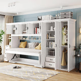 SOFTSEA Twin Size Horizontal Murphy Bed with Desk, Foldable Wall Bed Frame with 3-Door Wardrobe, Drawers & Shelves, Space-Saving Hideaway Bed for Small Space, Apartment, White SOFTSEA