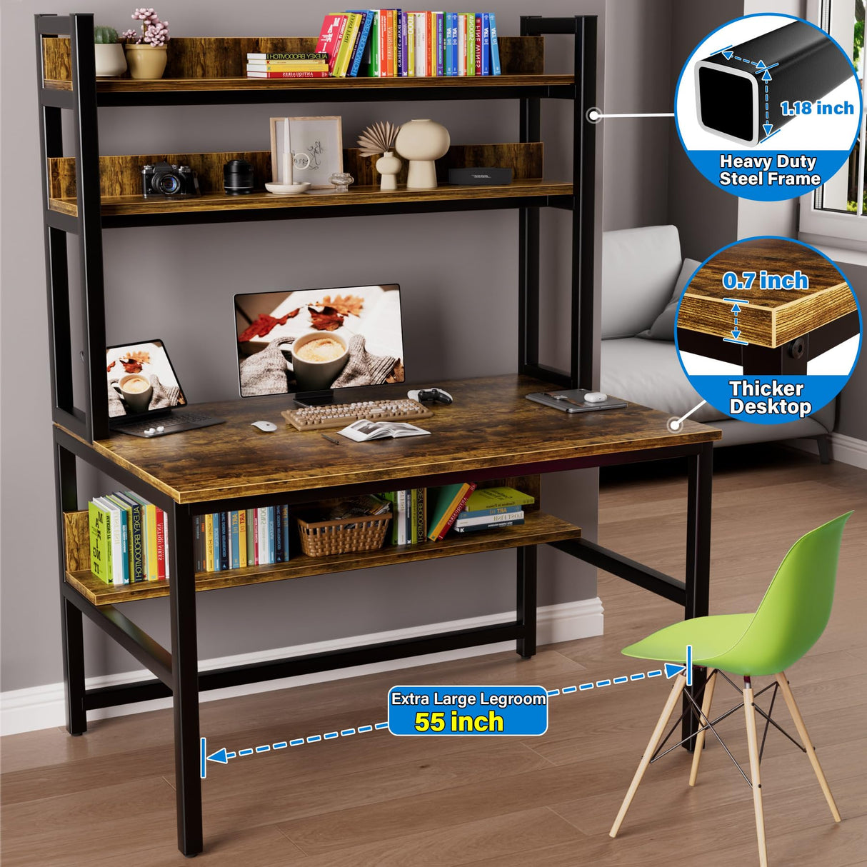 Aquzee 55 Inch Rustic Brown Computer Desk with Hutch and Storage Shelves Aquzee