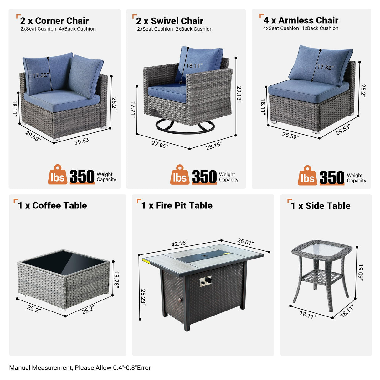 ovios 11 Piece Outdoor Patio Furniture Set with Fire Pit Table,Conversation Sectional Wicker Couch with Swivel Chairs,Modern Outside Sofa for Balcony Backyard (Blue) ovios