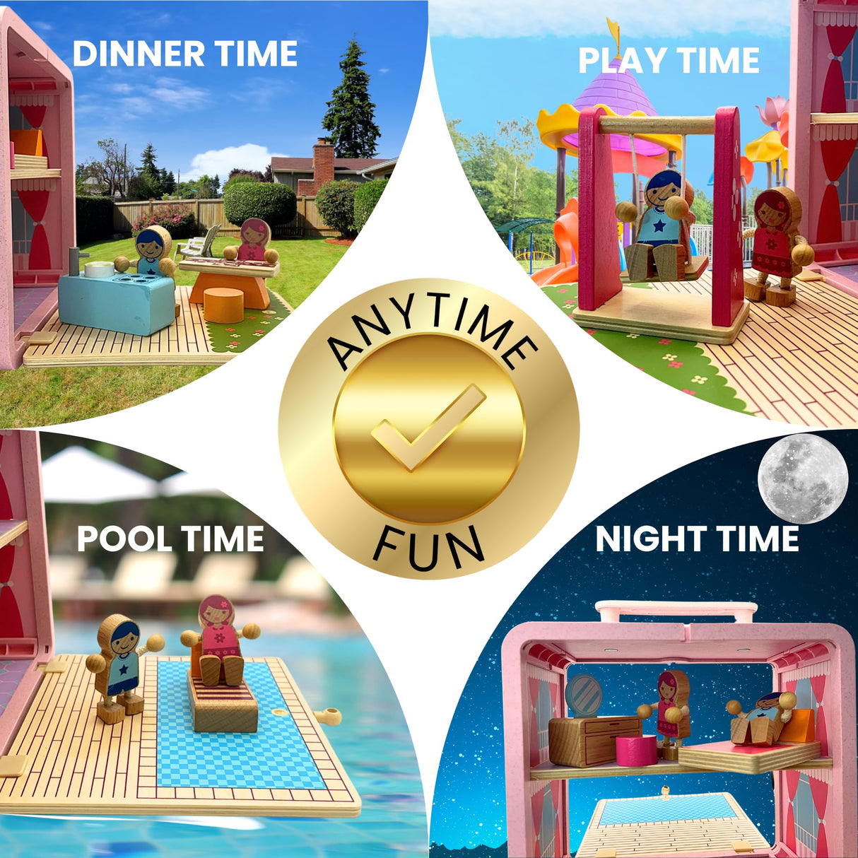 BR Play Wooden Dollhouse - Portable and Foldable Doll House with Little People Figurines & Dollhouse Accessories - Classic Preschool & Toddler Toy with Dollhouse Furniture & Pretend Swing Playset. BR Play