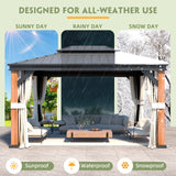 MELLCOM Gazebo 12' x 16', Wooden Finish Coated Thicker Aluminum Frame Gazebo with Galvanized Steel Roof, Outdoor Patio Gazebos with Curtains and Nettings for Patio, Lawn & Garden MELLCOM