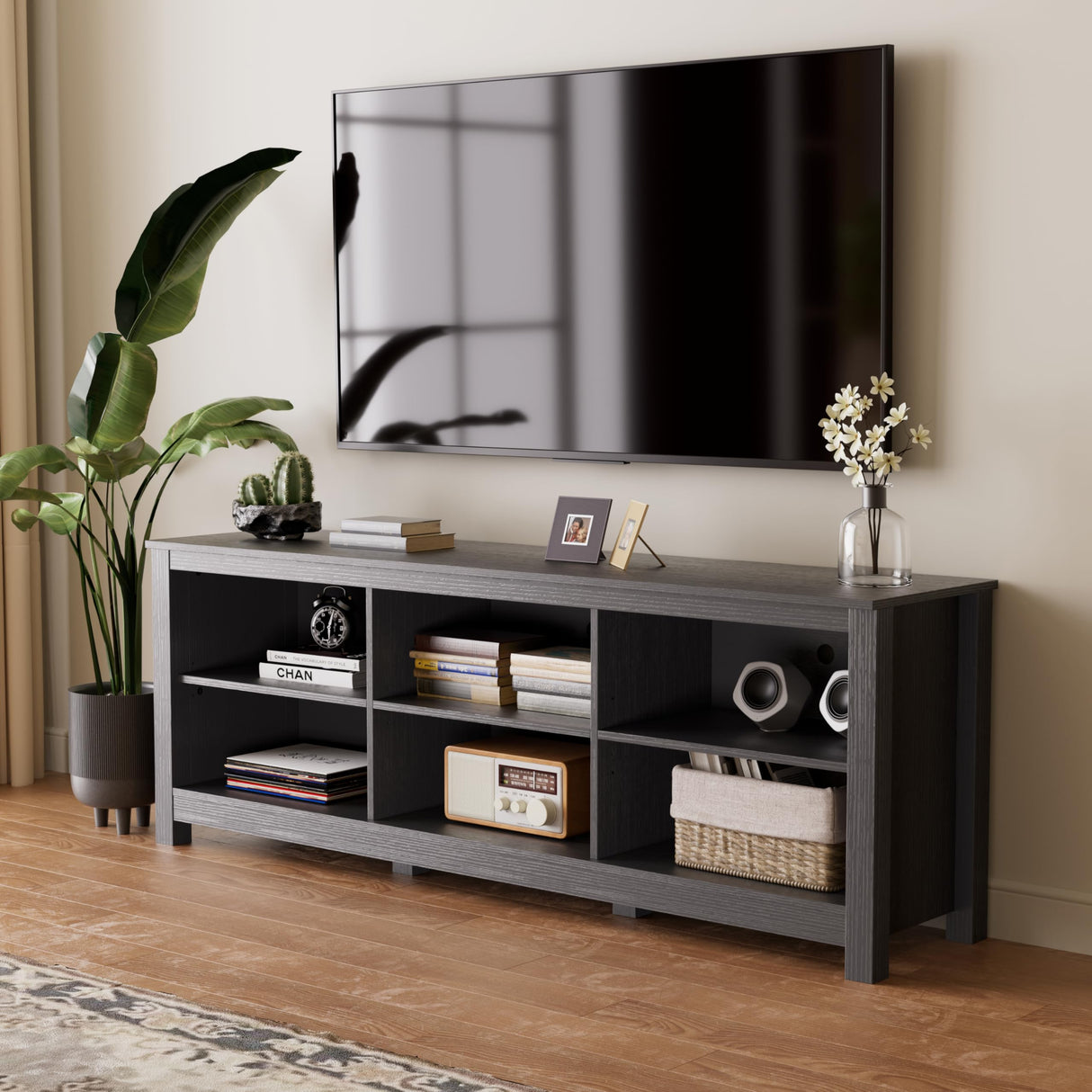 BVIUNTWO Black TV Stand for TVs up to 70 Inch,Entertainment Center for 65+ inch TV Console Table with 6 Storage Cubby, Classic Television Stands for Living Room Bedroom, 65 Inch BVIUNTWO