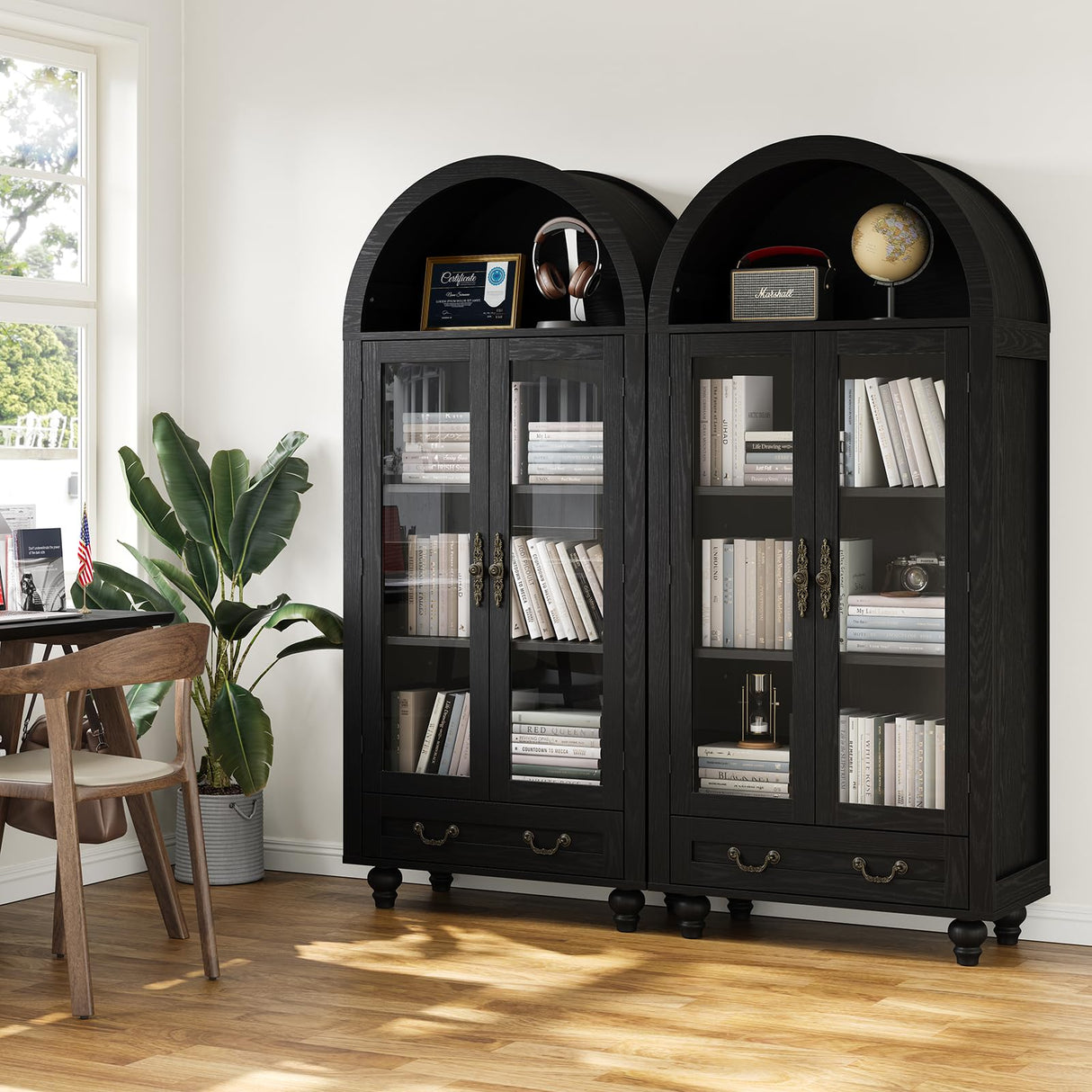 Furniouse 70.2" Farmhouse Tall Arched Storage Cabinet with Glass Doors, Black Arched Freestanding Storage Cabinet Decent Cabinet for Kitchen Pantry, Dining Room Furniouse