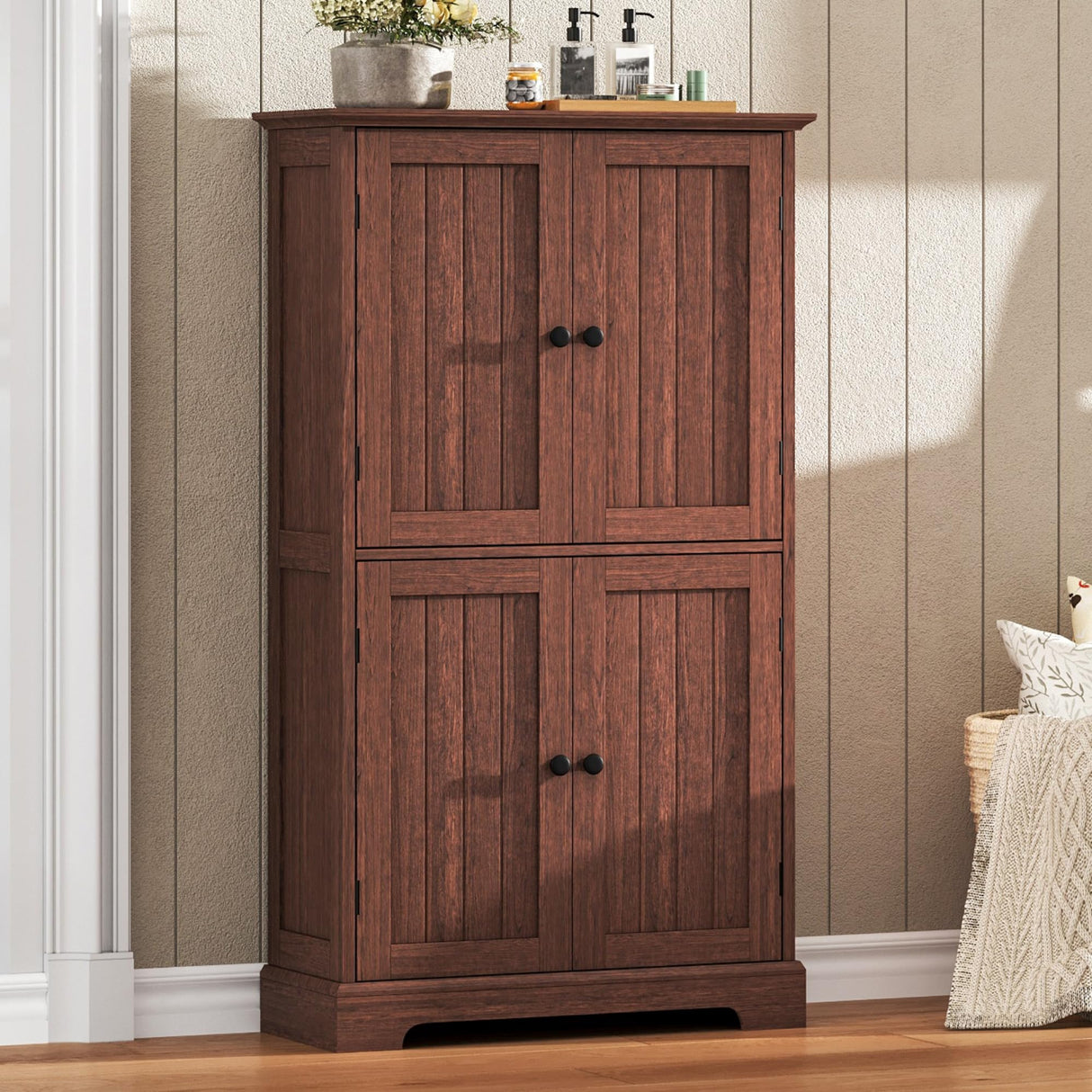 ChooChoo Bathroom Floor Cabinet, Farmhouse Bathroom Storage Cabinet with 4 Doors and Adjustable Shelves, Pantry Cabinet for Living Room, Kitchen, Walnut ChooChoo