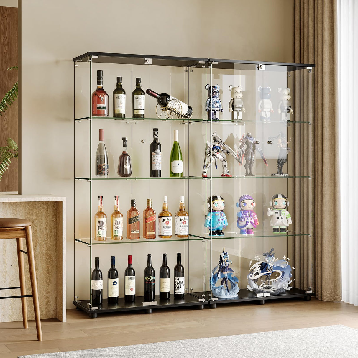 ahomrt Glass Display Cabinet with 4-Shelf Double Doors and Lock, 5mm Tempered Glass Floor Standing Bookshelf for Living Room, Bedroom, Office, 64 x 31.7 x 14.3 in, Black ahomrt