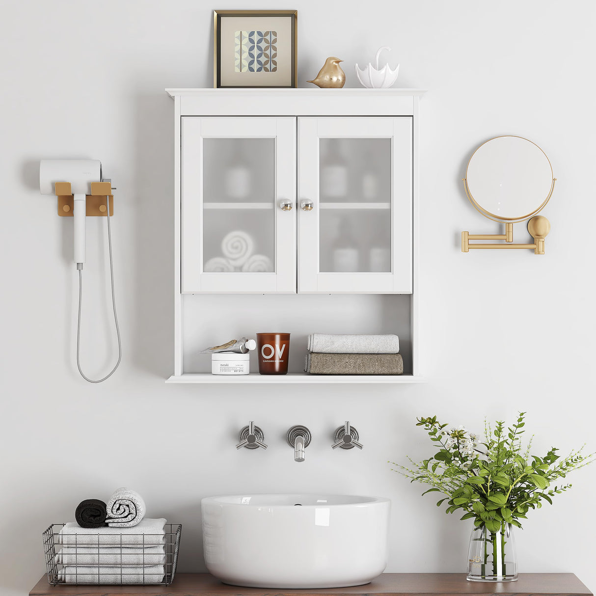 Spirich Bathroom Cabinet Wall Mounted, Medicine Cabinet Organizer with Glass Doors and Adjustable Shelves, Bathroom Wall Cabinet Over Toilet, White Spirich