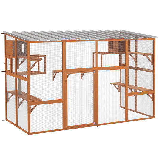 PawHut Catio, Outdoor Cat Enclosure Window Box, Wooden Cat House Playground with Scratching Posts, Weather Protection Roof for 1-5 Kitties, Resting Boxes, 118" x 55" x 75.5", Orange - WoodArtSupply