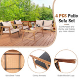 HAPPYGRILL 4 Piece Outdoor Furniture Set Rattan Sofa Set Acacia Wood Frame Conversation Set with Coffee Table, Sectional Furniture Set with Cushions for Backyard Porch Garden Poolside Balcony HAPPYGRILL
