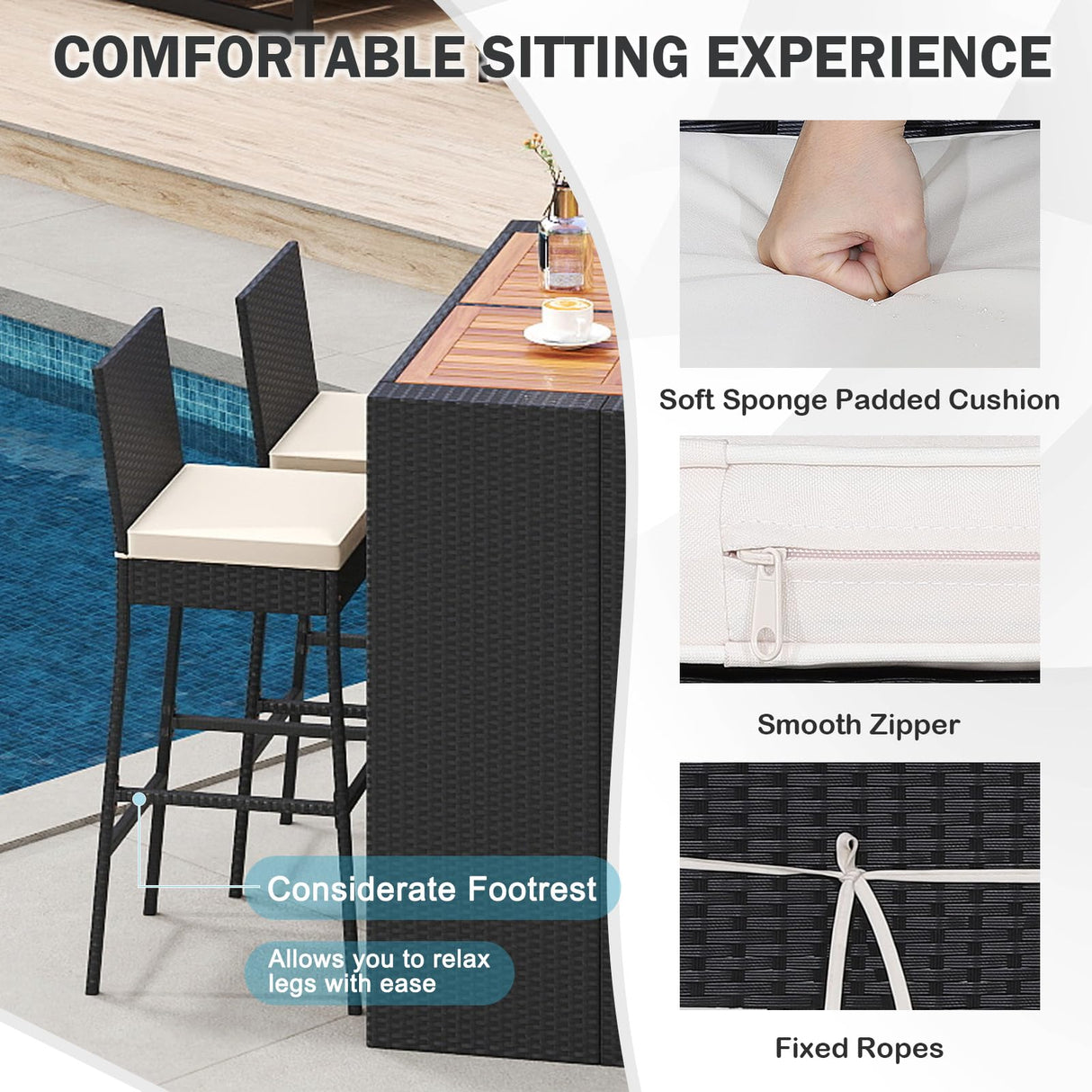 RELAX4LIFE 5-Piece Outdoor Bar Set - Wicker Rattan Bar Height Dining Table w/Acacia Wood Top & 4 Bar Stools Chairs w/Seat Cushions, Backrest, Footrest, Outside Patio Bistro Set for Backyard (47.5'') RELAX4LIFE