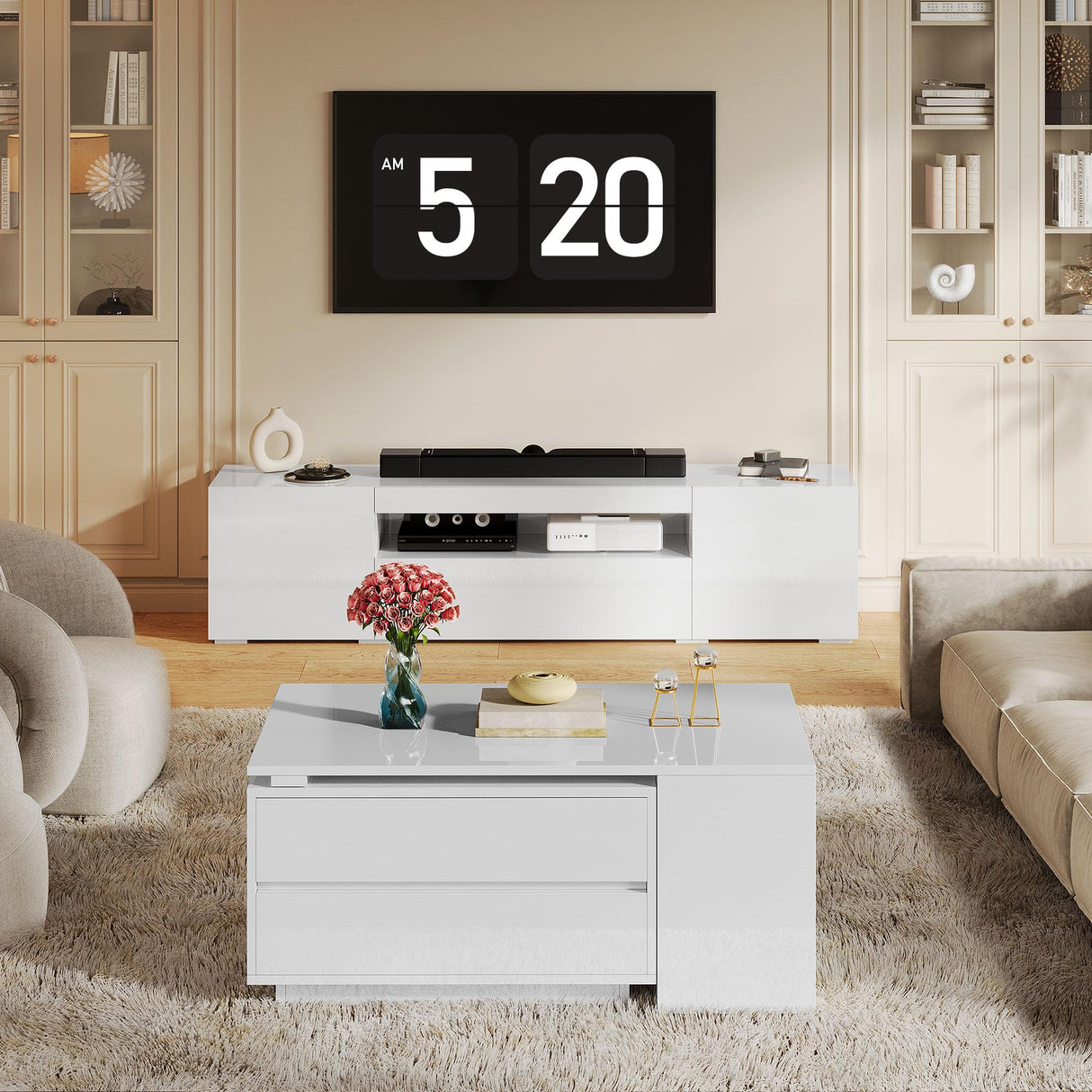 YITAHOME LED Coffee Table with Storage 4 Drawers, Modern Coffee Tables for Living Room, Wooden Rectangle Extendable Center Table with Open Shelves & Sliding Tabletop 35"- 61" for Home Office, White YITAHOME
