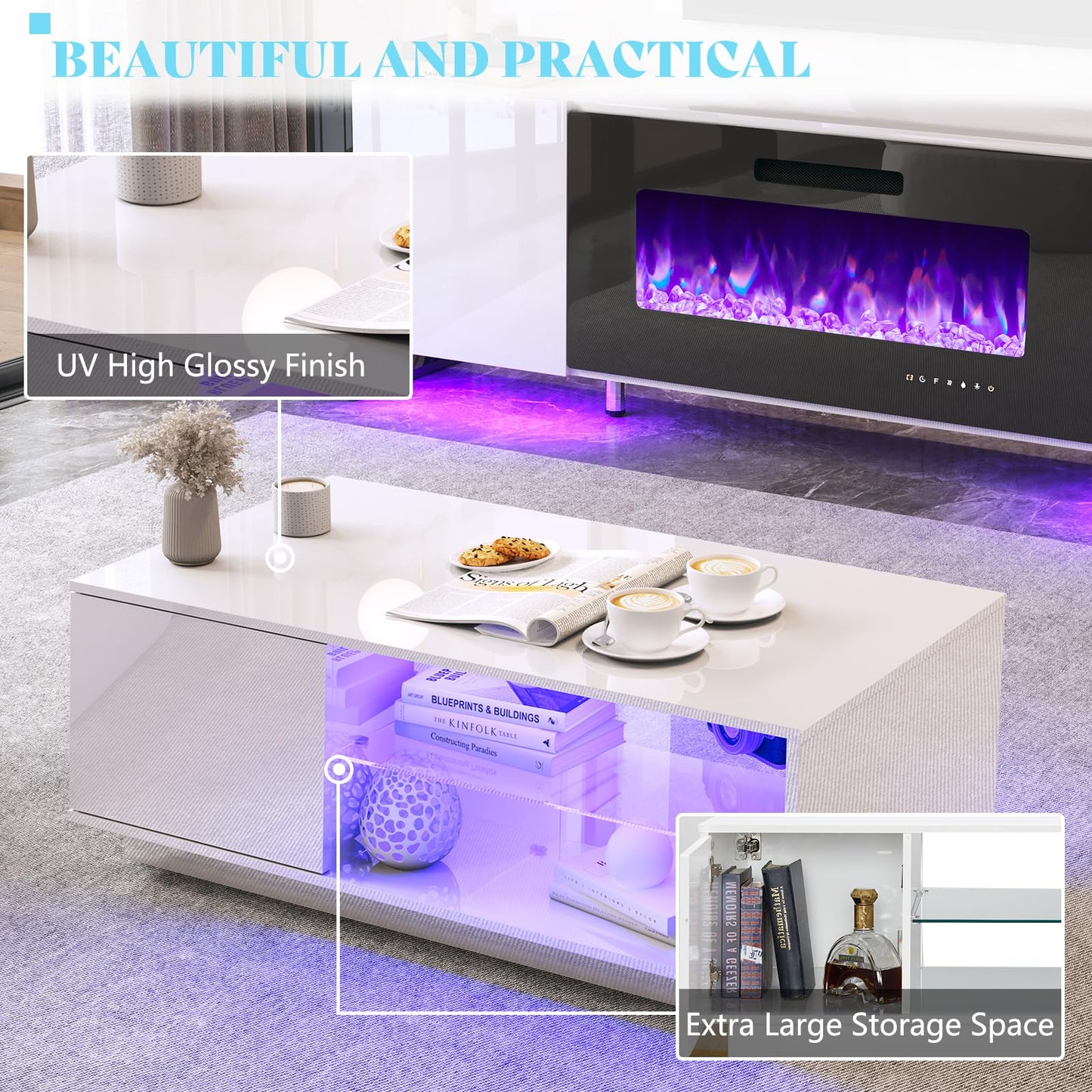 AMERLIFE 3 Piece Living Room Table Sets, 70" Modern High Gloss TV Stand LED Lights, 36" Electric Fireplace, 40" Coffee Tables for Living Room, TV Stand and Coffee Table Set, White&Black