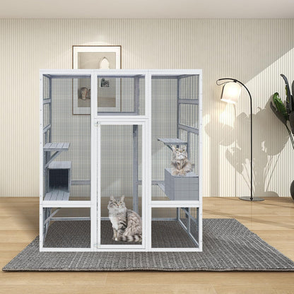 62.6" L x 32.3" W x 70.1" H Outdoor Wooden Cat House Large Catio, Solid Wood Cat Cage Shelter Enclosure Playpen with Anti-UV& Waterproof, 7 Platforms and 2 Resting Boxes - WoodArtSupply