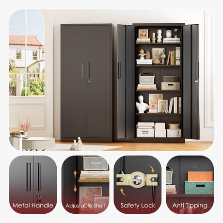 Bonusall 63" Metal Garage Storage Cabinet, 2 Locking Doors & 4 Adjustable Shelves Tall Storage, Heavy Duty Steel Tool Cabinet for Home, Office, Warehouse, School -Black Bonusall