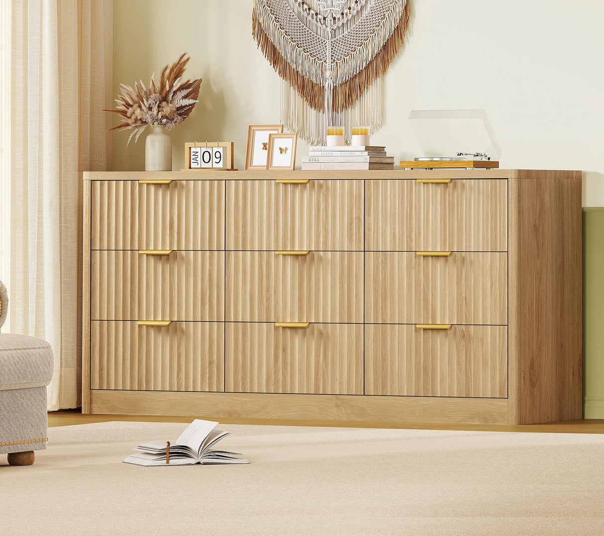 TEENFON Fluted Dresser for Bedroom with 9 Drawers, 63" Wide Modern Chest of Drawers with Metal Handle & Curved Profile Design, Wood Closet Clothes Storage Organizer for Living Room, Hallway, Natural TEENFON