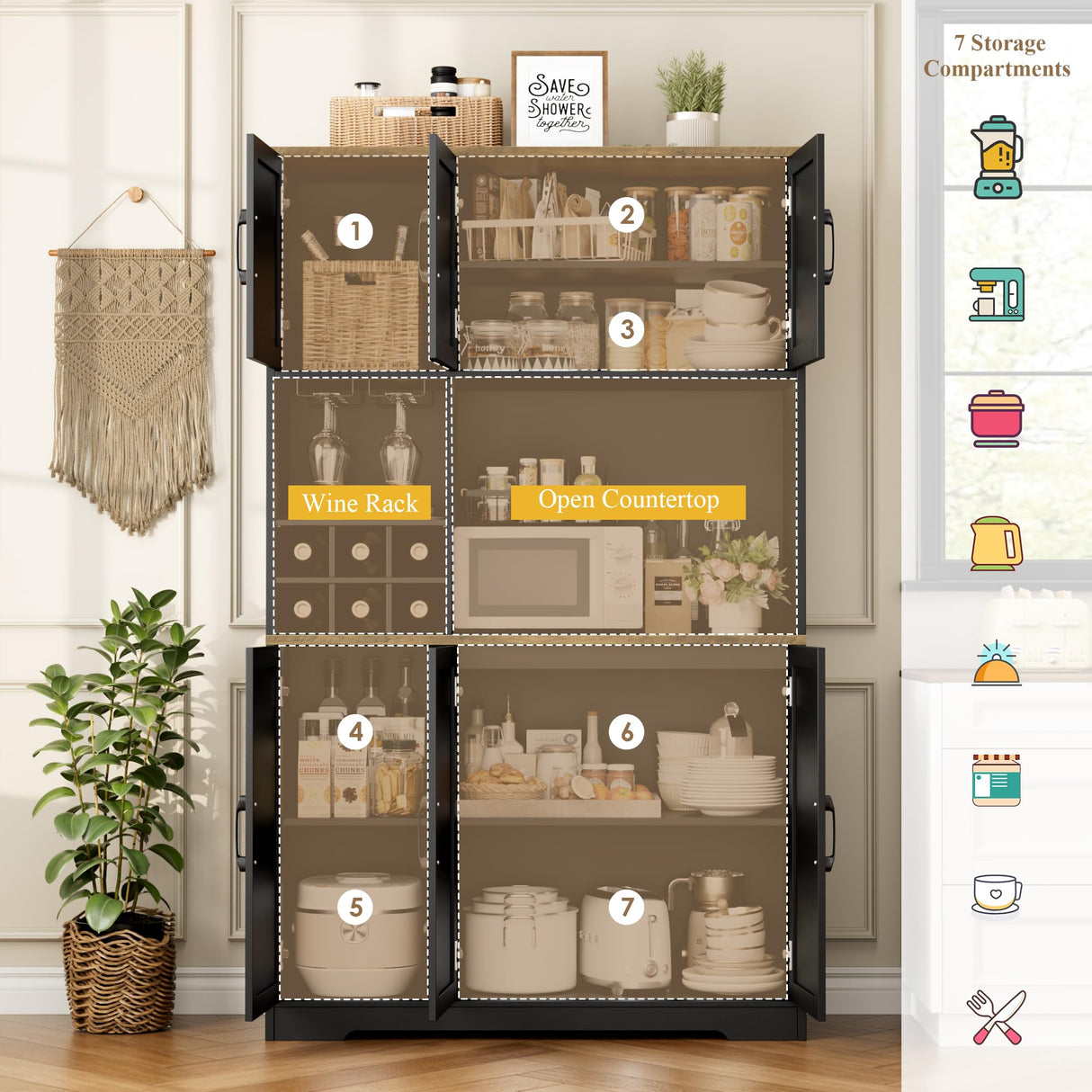 HOSTACK Kitchen Pantry Storage Cabinet, 71" Tall Food Pantry Cabinet with Microwave Stand, Farmhouse Kitchen Hutch Cabinet, Coffee Bar Hutch with Wine Rack for Dining Room, Living Room, Black HOSTACK