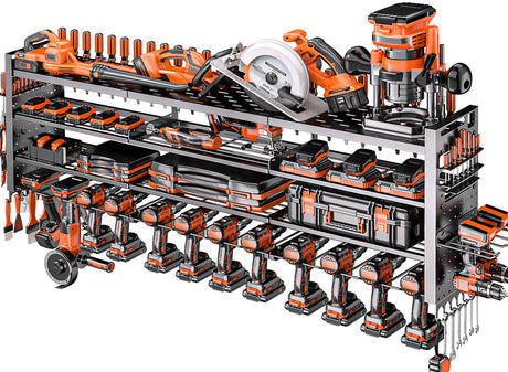 Shomextol 49.8" W Large Power Tool Organizer Wall Mount, Heavy Duty Tool Organizer with 14 cordless Drill Holder, 4 Layers Garage Organization and Storage Rack, Tool Rack for Garage Workshop, Black Shomextol