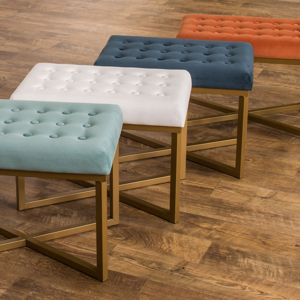 Homepop Home Decor | Upholstered Tufted Velvet Ottoman Bench | Ottoman Bench for Living Room & Bedroom, Blue, 24 x 16 x 17-1/2 inches high HomePop