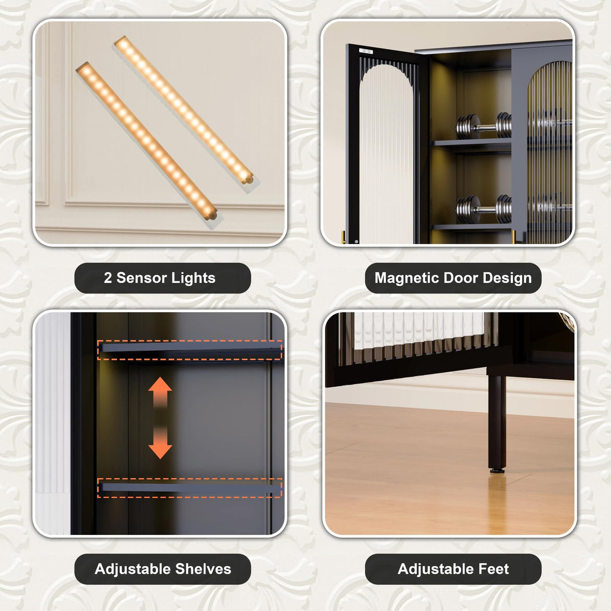 YILFANA 71” Tall Glass Cabinet, Display Case with Glass Doors and Lights, Metal Storage Cabinets, Hutch Cabinet with Adjustable Shelves, Storage Cabinets for Dining Room, Living Room,Kitchen, Black YILFANA