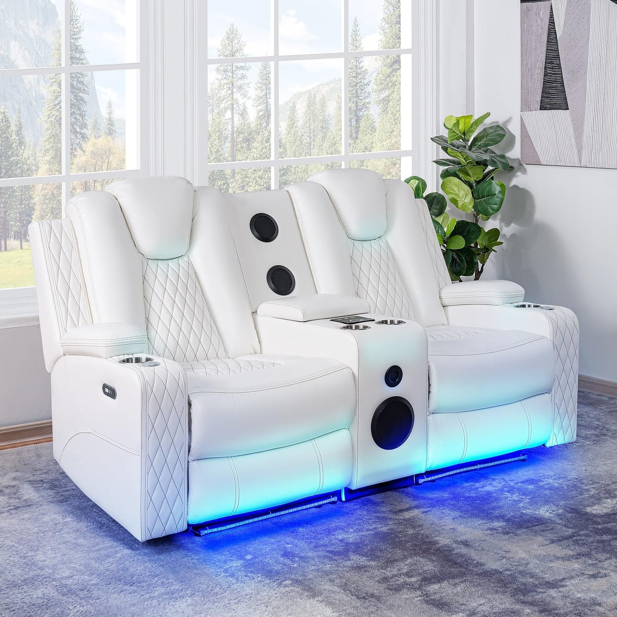 Naomi Home Chicago Power Loveseat Recliner Sofa & Home Theater Seating with Wireless Charging Electric Recliner RV Sofa with USB/Cup Holders/Storage/LED Light/Speaker, White/Air Leather Naomi Home
