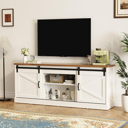 Kullavik Farmhouse TV Stand for TVs up to 75 Inch,Entertainment Center with Sliding Barn Doors and Adjustable Shelf,Modern Media TV Console Table with Storage Cabinets for Living Room,Bright White