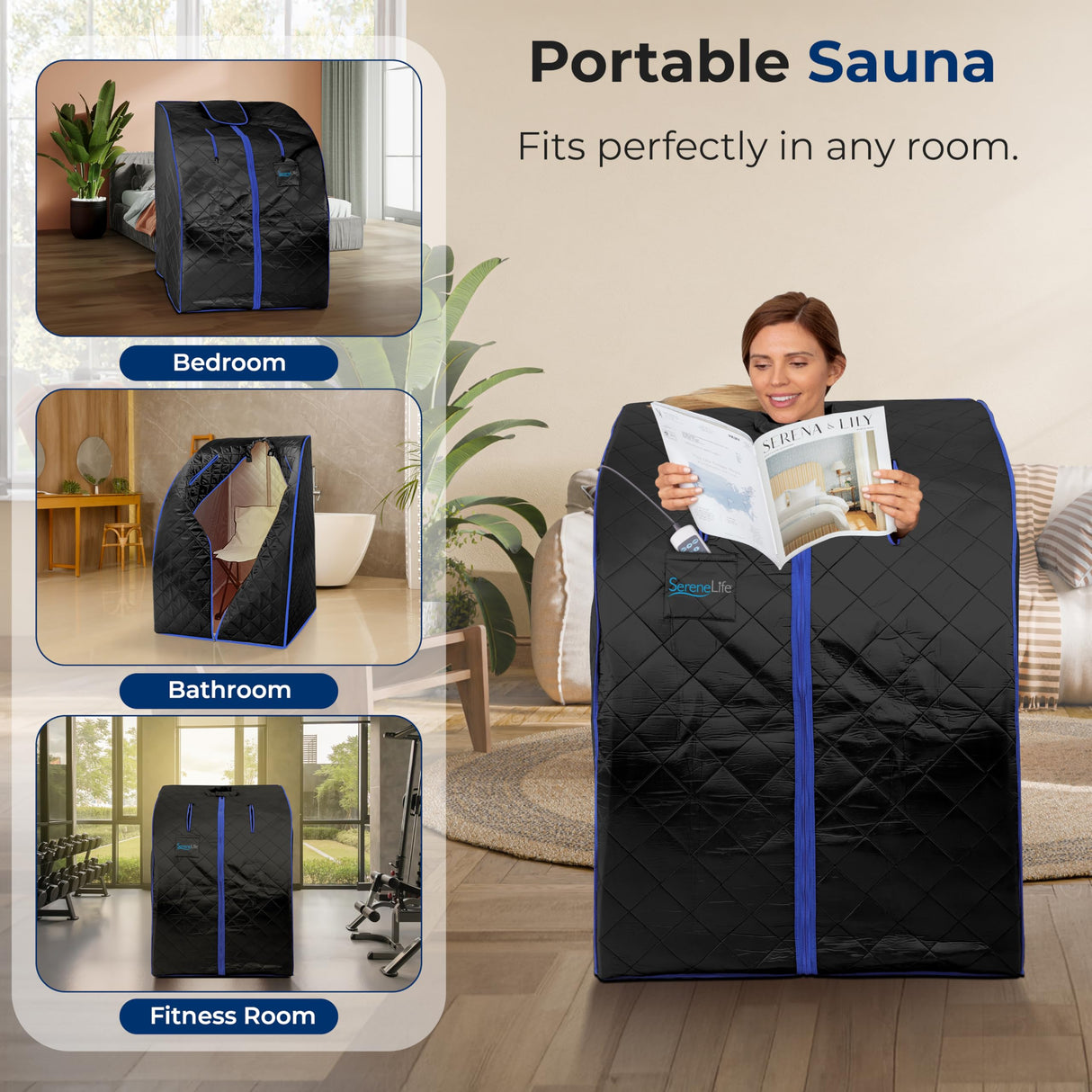 SereneLife Portable Sauna for Home, Infrared Sauna Tent with Heated Foot Pad and Folding Chair, Compact Personal Rejuvenation Sauna, Remote Control In-Home Spa, 38" x 32” - (Black) SereneLife