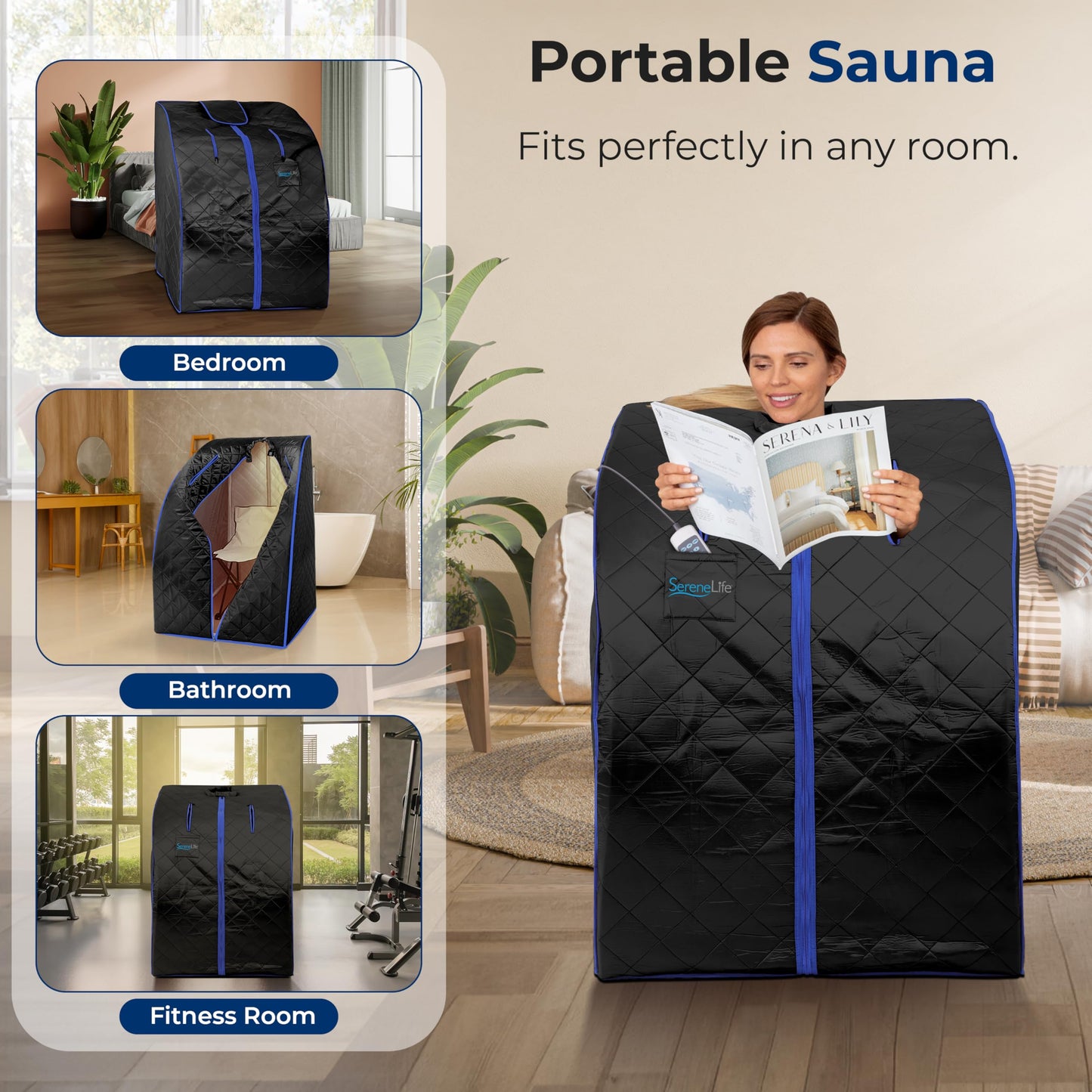 SereneLife Portable Sauna for Home, Infrared Sauna Tent with Heated Foot Pad and Folding Chair, Compact Personal Rejuvenation Sauna, Remote Control In-Home Spa, 38" x 32” - (Black)