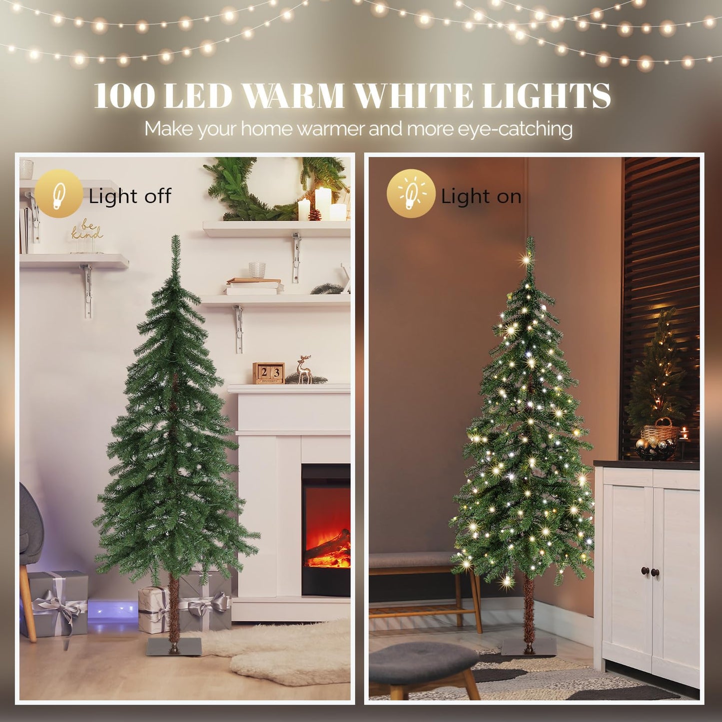 VINGLI 5ft Pre-lit Artificial Christmas Tree with Warm White LED Light, Slim Xmas Tree with 230 Realistic Branch Tips for Home, Office, Party Decoration Indoor Outdoor