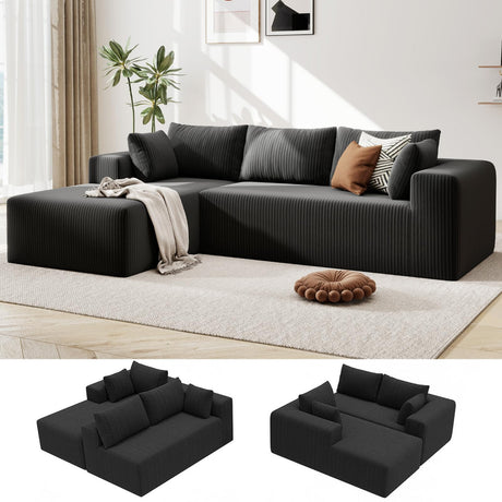 Mvpipi Boneless Couches for Living Room, L-Shaped Cloud Couch with Oversized Chaise, Modular Sectional Couch w/Deep Seat, Corduroy Comfy Sofa, No Assembly Couches for Bedroom & Apartment, Black Mvpipi
