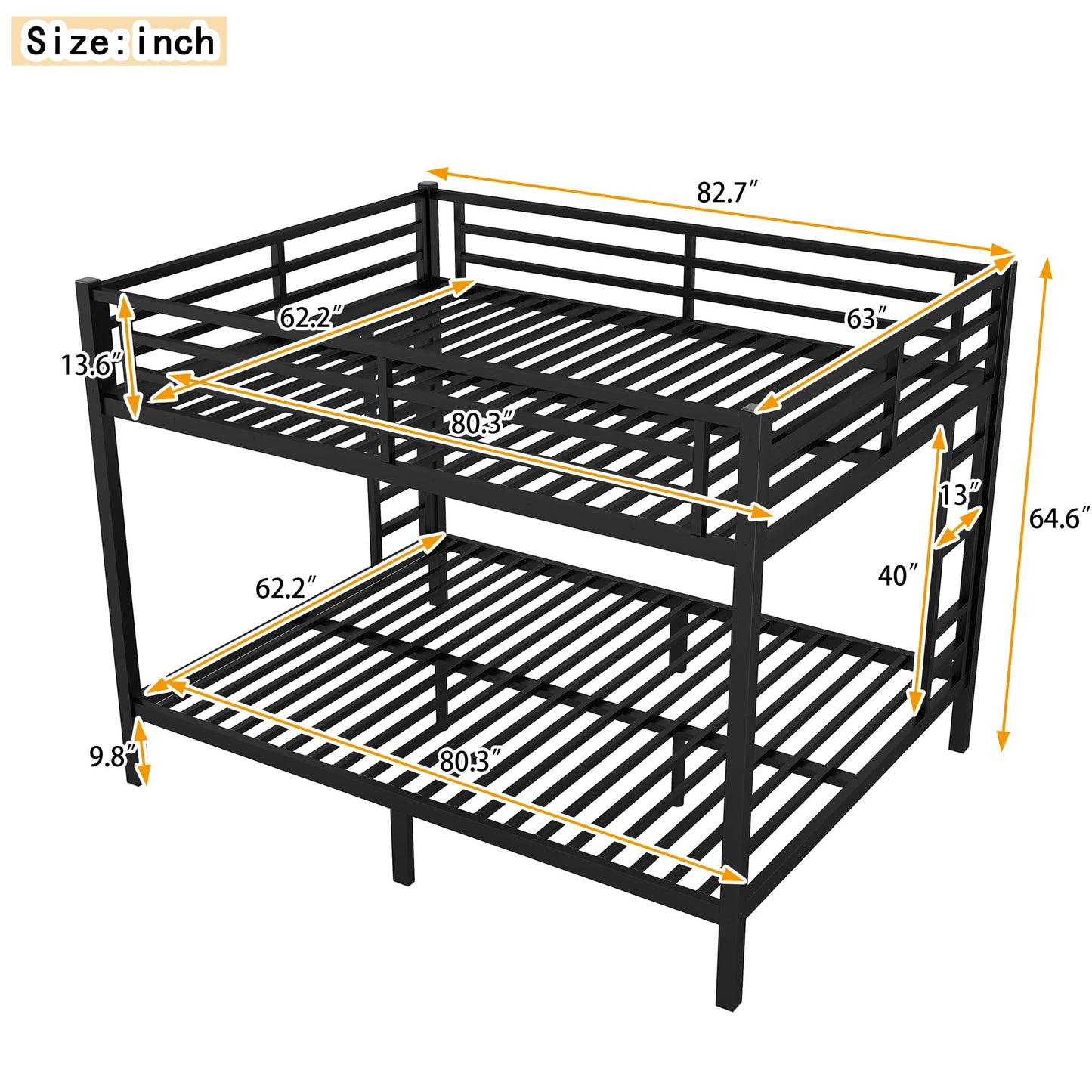 Metal Queen Over Queen Bunk Bed, Heavey Duty Bunk Bed Frame, Queen Bunk Bed for Adults Teens Boys Girls, Black