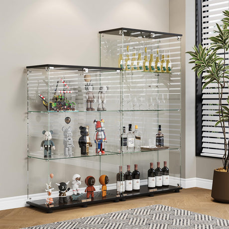 MODCART Glass Display Cabinet with 4-Shelf Double Doors and Lock, Curio Cabinet 5mm Tempered Glass Floor Standing Bookshelf for Living Room, Bedroom, Office, 64 x 31.7 x 14.3 in, Black MODCART