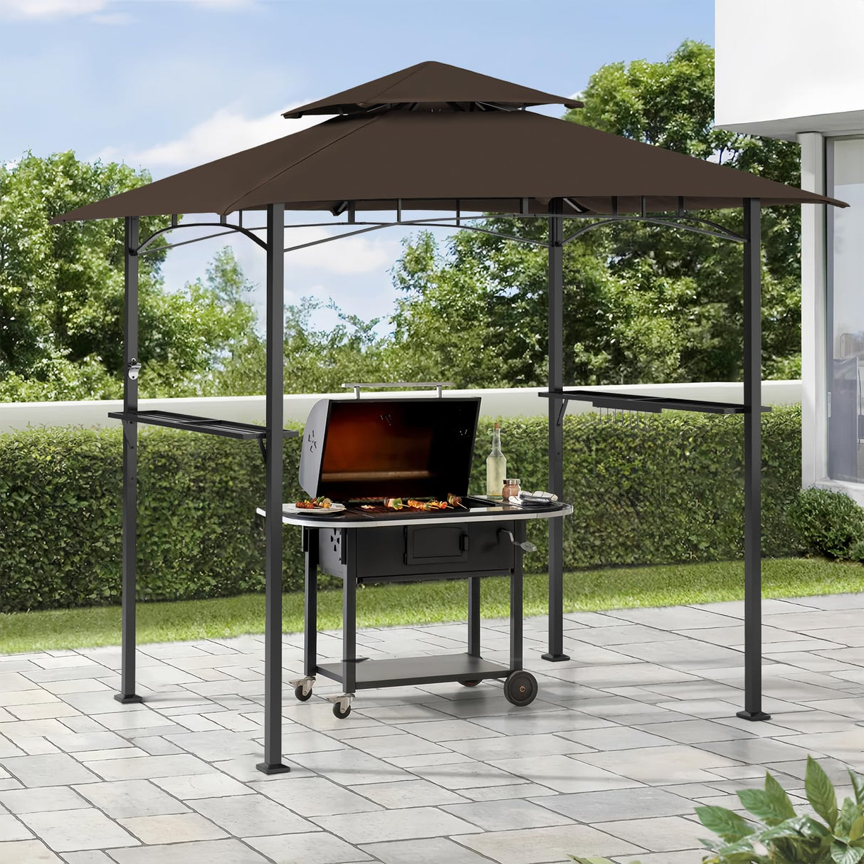 Patiomore Grill Gazebo Canopy, 8'x 5'Outdoor Double Tiered BBQ Gazebo Canopy Tent w/Air Vent, Tent Hardtop Sun Shade Shelter for Outdoor Patio, Backyard, Deck (Brown) Patiomore