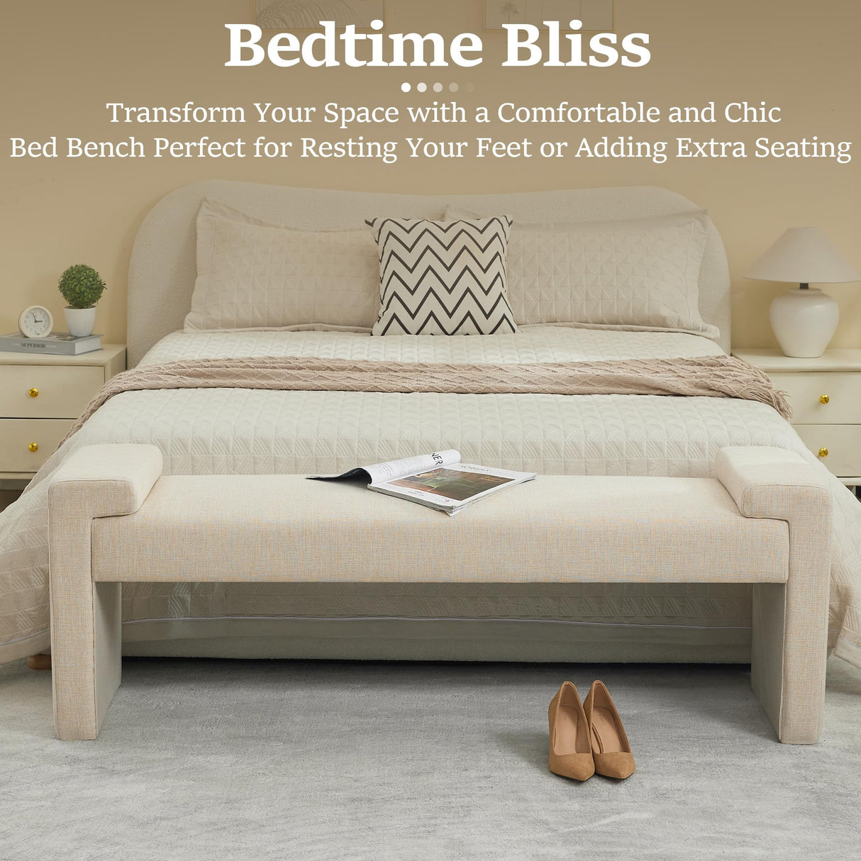 WUTUTUEE 58.7" Linen End of Bed Bench Upholstered Modern Bedroom Bench for Living Room & Entryway, Easy Assembly, Footrest Ottoman Accent Window Bench with Solid Wood Frame & Curved Arm, Tan WUTUTUEE