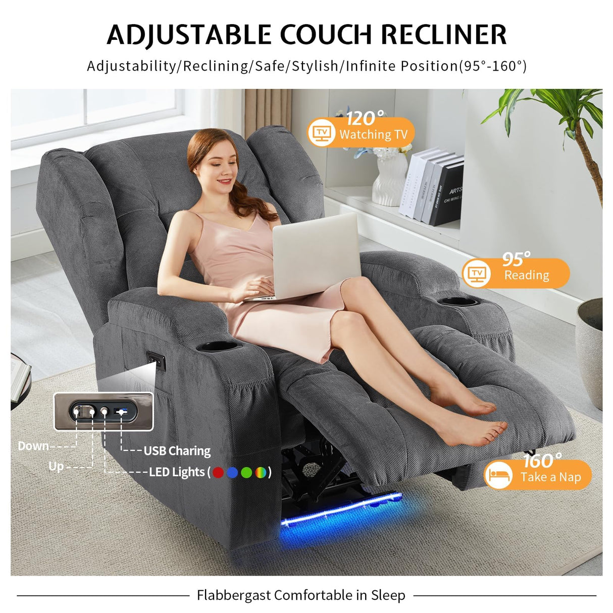 BINGTOO Electric Power Recliner Chair with Massage & Heat - Ergonomic Wingback Lounge Sofa Chair for Living Room, Home Theater Seating & RV with LED Light/Cup Holders/USB Ports, Grey BINGTOO