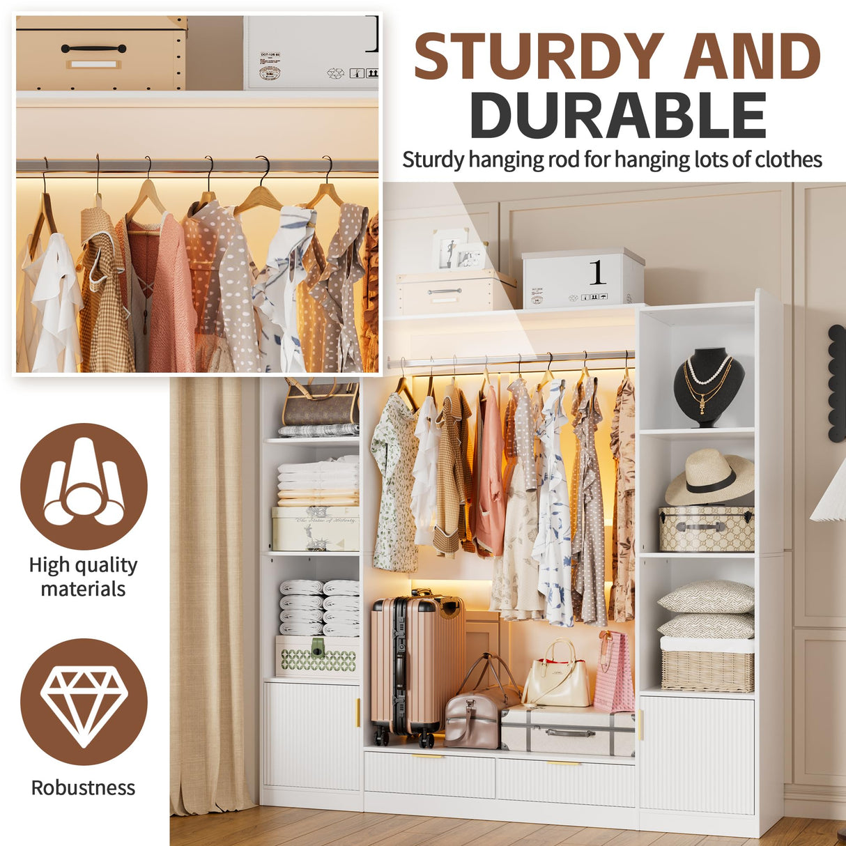 PAKASEPT Wardrobe Closet, 64.9" Freestanding Armoire System with 6 Display Storage Cabinet & Hanging Rods & 2 Wood Drawers, Cloth Garment Rack with Multi Color Light, Walk-in Closet, White PAKASEPT