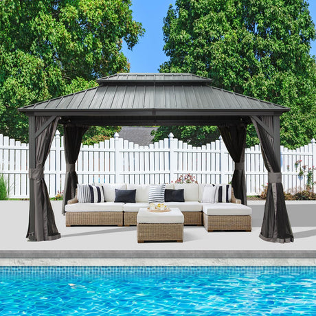 Domi 10x14FT Hardtop Gazebos, Aluminum Metal Gazebo with Galvanized Steel Double Roof Canopy, Curtain and Netting, Permanent Gazebo Pavilion for Patio, Backyard, Deck and Lawn, Grey domi outdoor living