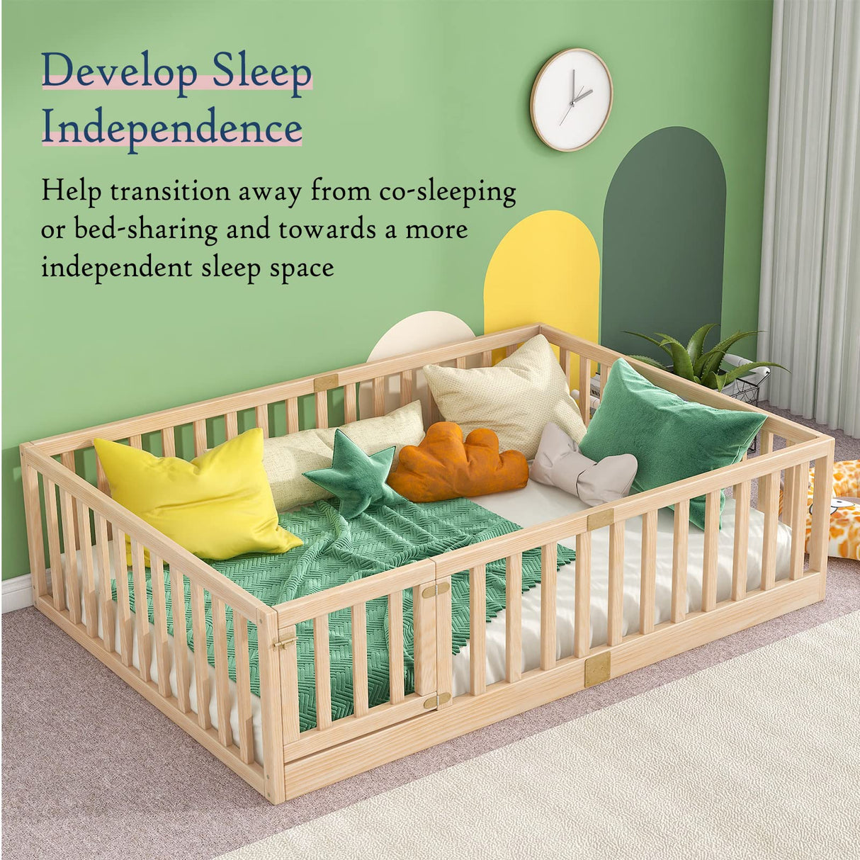 Tatub Full Montessori Floor Bed with High Rails, Solid Wood Montessori Bed Frame for Kids, Door Can Install Left and Right, Full-Nature Tatub