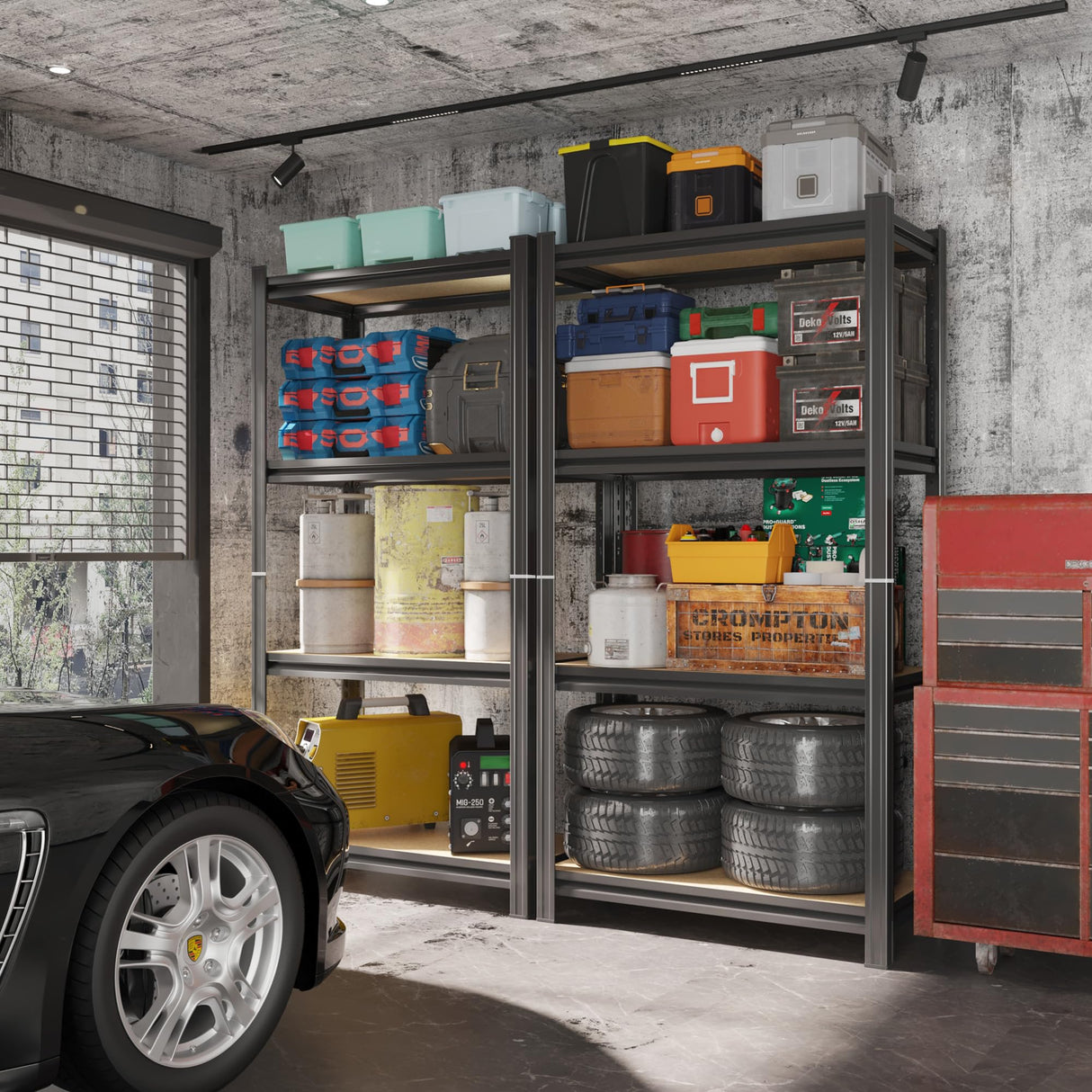 ErgoNova 4 Tier Garage Shelving Wood Storage Shelves 4000 lb Load Capacity Adjustabl Shelf Units 45.6" H*23.6" W*11.8" D Metal Shelving Suitable for Basement Warehouse Pantry,Black ErgoNova