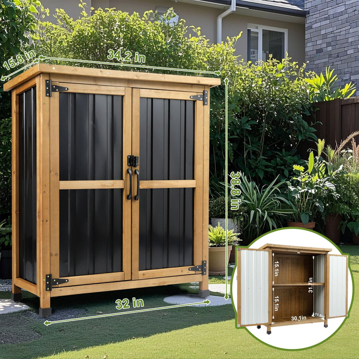 Outdoor Storage Cabinet, Small Wood & Metal Storage Shed with Lockable Doors & Adjustable Shelves, Vertical Outdoor Cabinets for Patio Backyard,Garden Tool Shed and Accessories, Brown Magazoopet