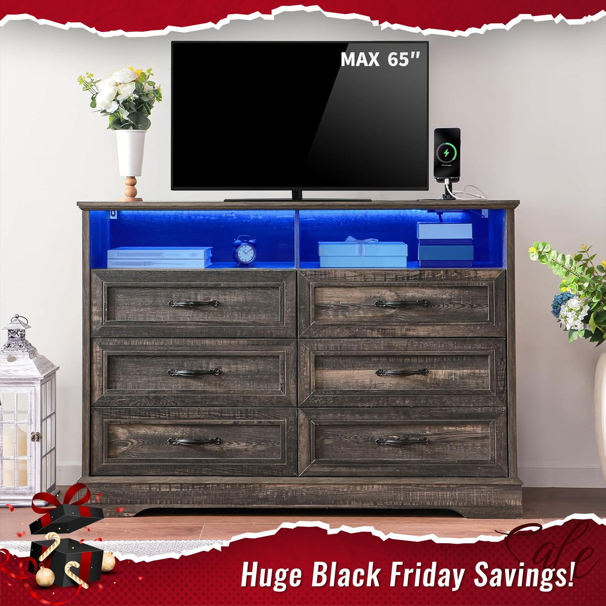 Homkdom Dressers for Bedroom,6 Drawers Dresser with LED Light,Power Outlets and Open Shelves,Chests of Drawers for 65 inch TV, for Hallway, Entryway, Dark Rustic Oak Homkdom